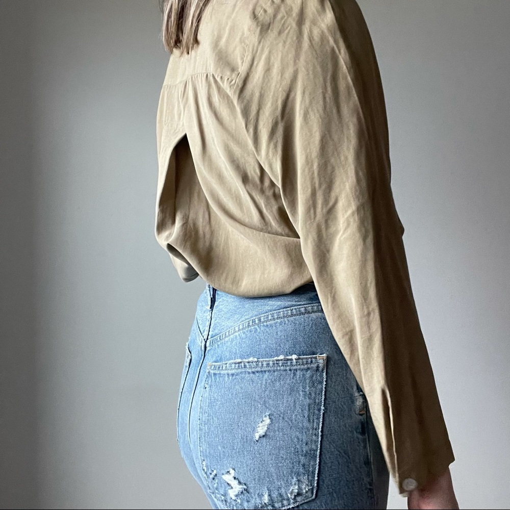 Vintage Taupe Silk Button Front Shirt Long-Line - Picture 6 of 6